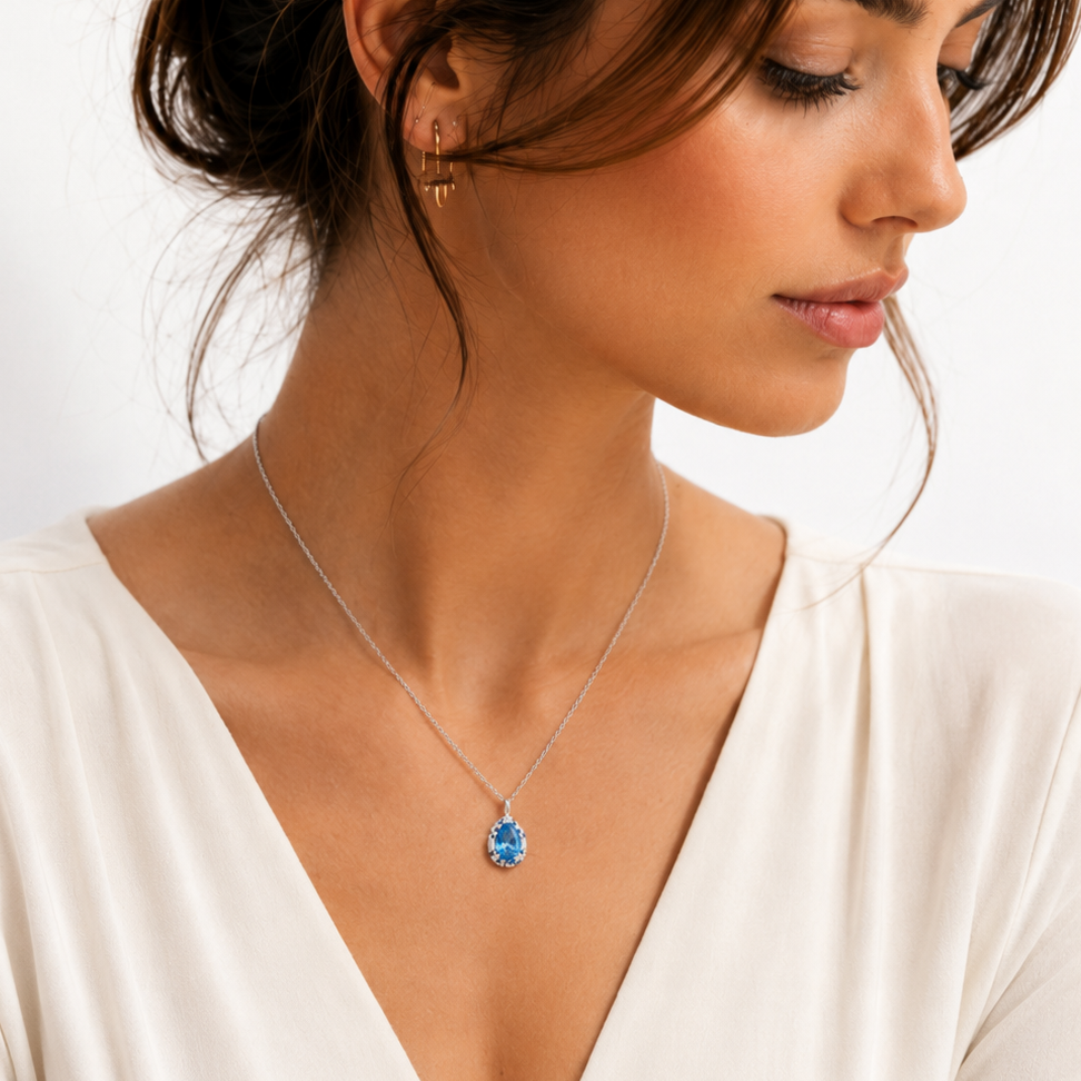 TSMITH Swiss Blue Gargantilha Topázio e Safira | Ouro Branco 18k